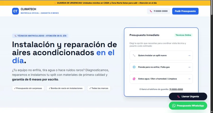 Vista previa de una landing para servicios técnicos y climatización